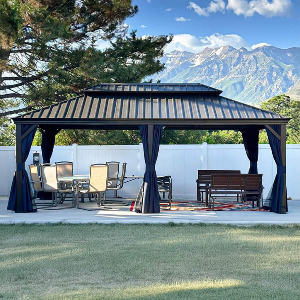 [12X20FT] Heavy-Duty Outdoor Backyard Hardtop Gazebo With Netting And Curtains (SAK18352)
