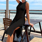 Beach Vacation Sexy Solid Color Round Neck Woven Texture High Slit Beach Sun Shield Hanfu Long Robe