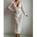 Sexy Hollow Out Cutout Knitted Deep V Plunge Lace up Waist Controlled Long Sleeve Split Skirt Vacation Dress Swimsuit Blouse Crochet hook