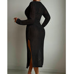 Sexy Hollow Out Cutout Knitted Deep V Plunge Lace up Waist Controlled Long Sleeve Split Skirt Vacation Dress Swimsuit Blouse Crochet hook
