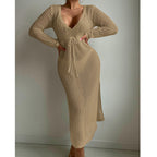 Sexy Hollow Out Cutout Knitted Deep V Plunge Lace up Waist Controlled Long Sleeve Split Skirt Vacation Dress Swimsuit Blouse Crochet hook