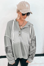 White Waffle Printed Patchwork Drawstring Hooded Long Sleeve Top