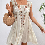 Holiday Hand Hook Solid Color Stitching Dress Sun Protection Sexy Mid Length Beach Blouse Crochet hook