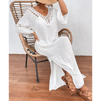 Women Hand Hook Stitching Colorful Ball Sexy Hollow Out Cutout Backless Loose Beach Long Cover Dress Crochet hook