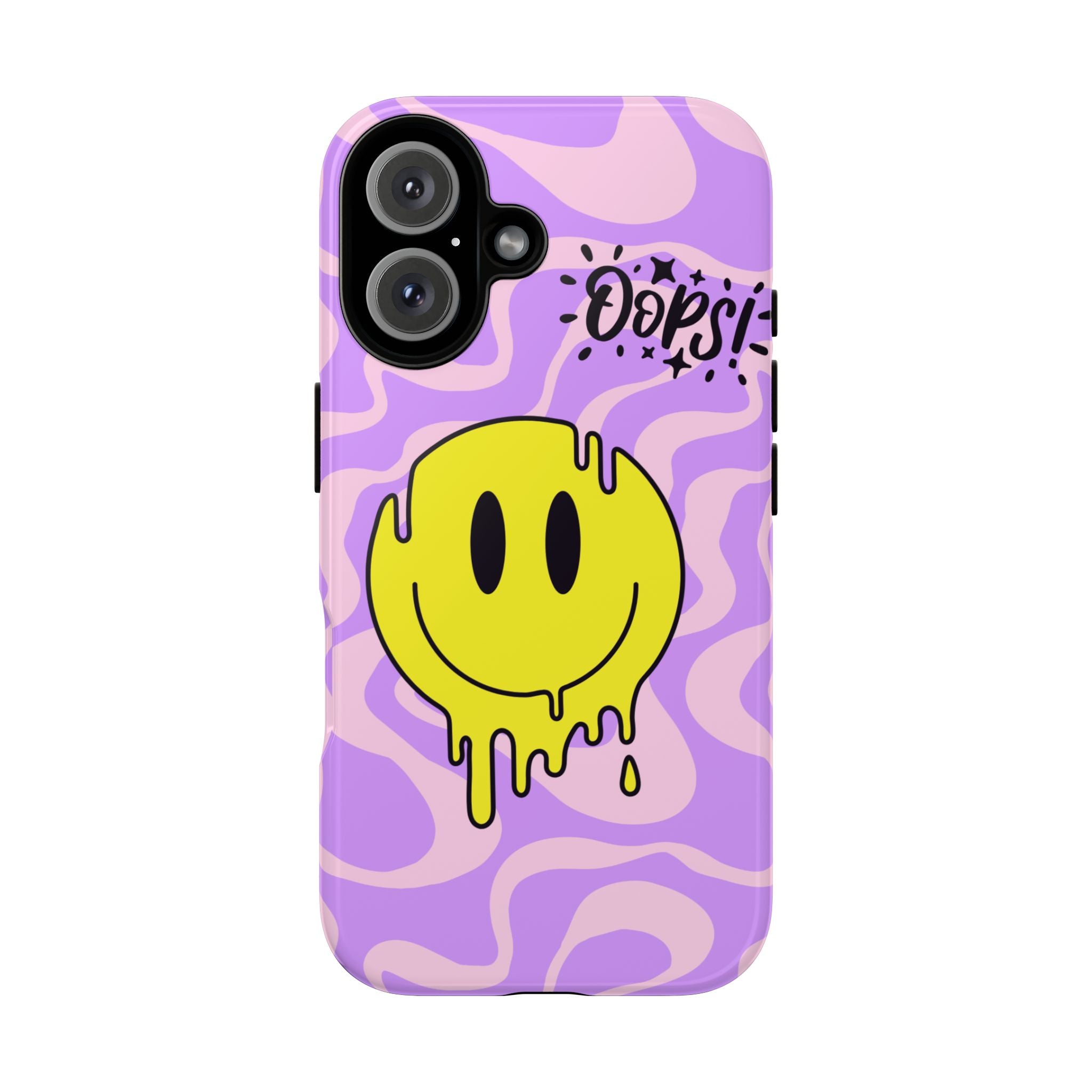 Phone Case Dripping Yellow Smiley on Purple Swirl "Oops!" Design