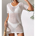 Women Clothes Sexy Cutout Short Sleeve Casual Bikini Cover Up Swimsuit Blouse Beach Sun Protection Shirt Crochet hook