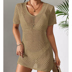 Women Clothes Sexy Cutout Short Sleeve Casual Bikini Cover Up Swimsuit Blouse Beach Sun Protection Shirt Crochet hook