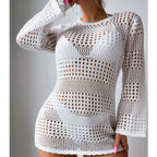 Vacation Casual Hollow Out Cutout Out Long Sleeve Pullover Solid Color Sun Protection Shirt Mid Length Beach Cover Up Crochet hook