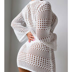 Vacation Casual Hollow Out Cutout Out Long Sleeve Pullover Solid Color Sun Protection Shirt Mid Length Beach Cover Up Crochet hook