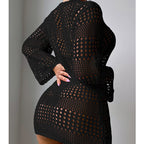 Vacation Casual Hollow Out Cutout Out Long Sleeve Pullover Solid Color Sun Protection Shirt Mid Length Beach Cover Up Crochet hook