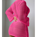 Vacation Casual Hollow Out Cutout Out Long Sleeve Pullover Solid Color Sun Protection Shirt Mid Length Beach Cover Up Crochet hook