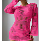 Vacation Casual Hollow Out Cutout Out Long Sleeve Pullover Solid Color Sun Protection Shirt Mid Length Beach Cover Up Crochet hook