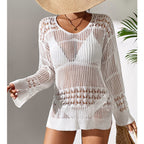 Holiday Sexy Hollow Out Cutout Texture Loose Pullover Sun Protection Shirt Mid Length Beach Blouse Crochet hook