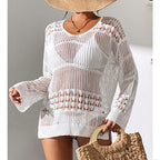 Holiday Sexy Hollow Out Cutout Texture Loose Pullover Sun Protection Shirt Mid Length Beach Blouse Crochet hook