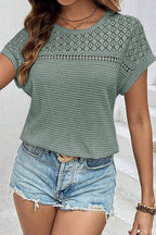 Oatmeal Hollow Patchwork Waffle Knit Top