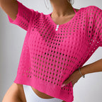 Women Hollow Out Cutout Neckline Button Loose Pullover Short Sleeve Woven Sexy Beach Blouse Crochet hook
