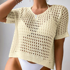 Women Hollow Out Cutout Neckline Button Loose Pullover Short Sleeve Woven Sexy Beach Blouse Crochet hook