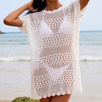 Sexy Hollow Out Cutout Texture Lace Collar Loose Pullover Mid Length Vacation Sun Protection Beach Blouse Crochet hook