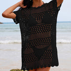 Sexy Hollow Out Cutout Texture Lace Collar Loose Pullover Mid Length Vacation Sun Protection Beach Blouse Crochet hook