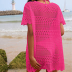 Sexy Hollow Out Cutout Texture Lace Collar Loose Pullover Mid Length Vacation Sun Protection Beach Blouse Crochet hook