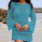 Vacation Sexy Cutout Texture Loose round Neck Flared Sleeves Sunscreen Beach Cover up Crochet hook