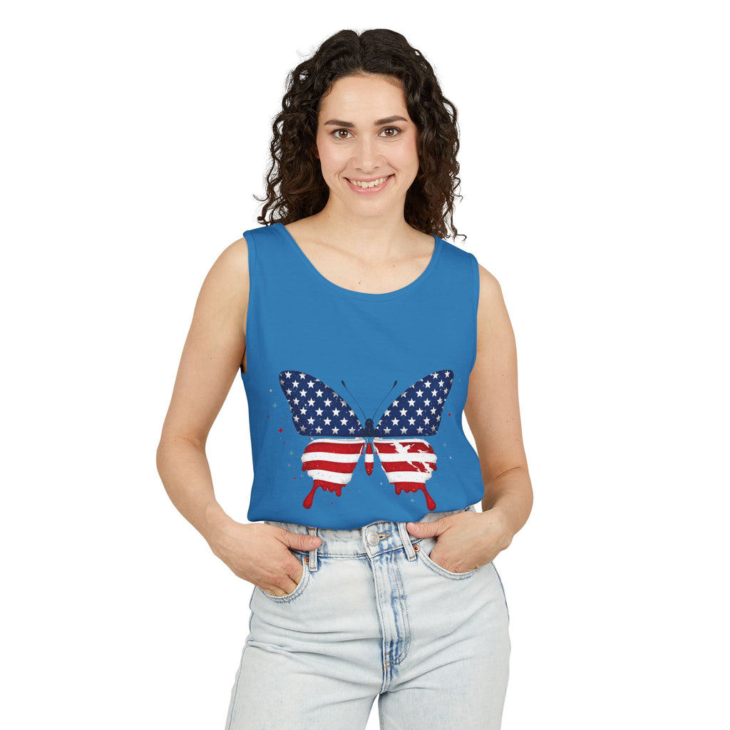 American Flag Butterfly Tank Top Patriotic Summer Graphic 4th of July and Everyday Wear