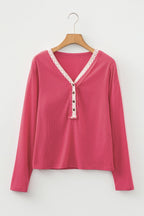 Racing Red Ribbed Texture Contrasted Lace Trim Button V Neck Long Sleeve Top