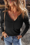 Black Long Sleeve Buttons V Neck Slim Fit Top