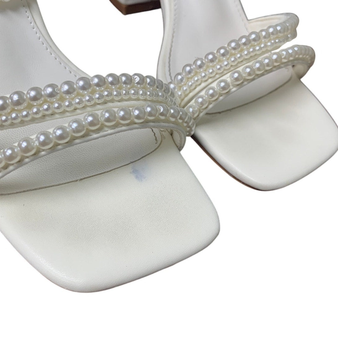 Shoe'N Tale Womens 5 White Pearl Open Toe Ankle Strap 3" Block Heel Sandal Shoes