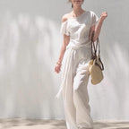 Linen Off-Shoulder Asymmetric Casual Set – 2 Colors, S–L