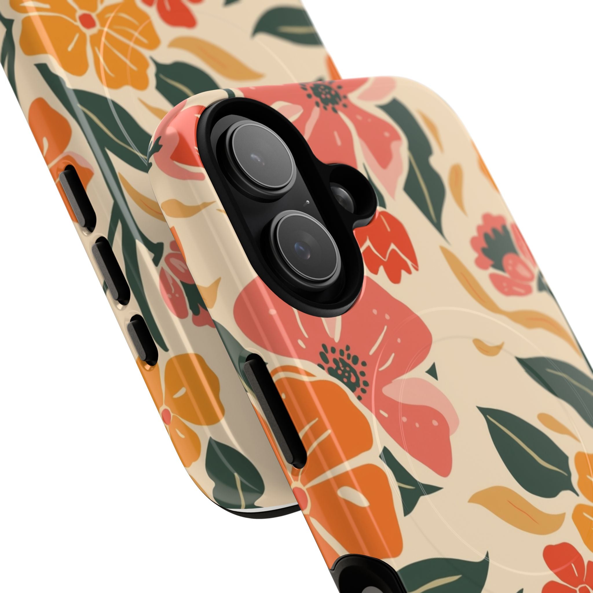 Floral Tough Magnetic Phone Case Retro Pink & Orange Blossom Protective Cover