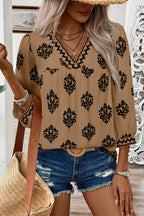 Green Damask Floral Print Contrast V Neck 3/4 Sleeve Blouse