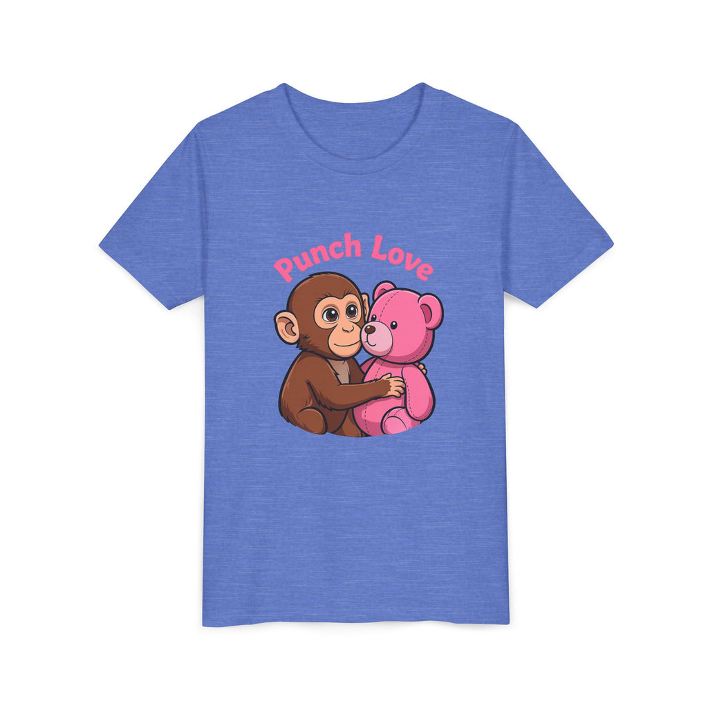 Youth Tee — "Punch Love" Monkey Hugging Pink Teddy Cute Kids Valentine Shirt