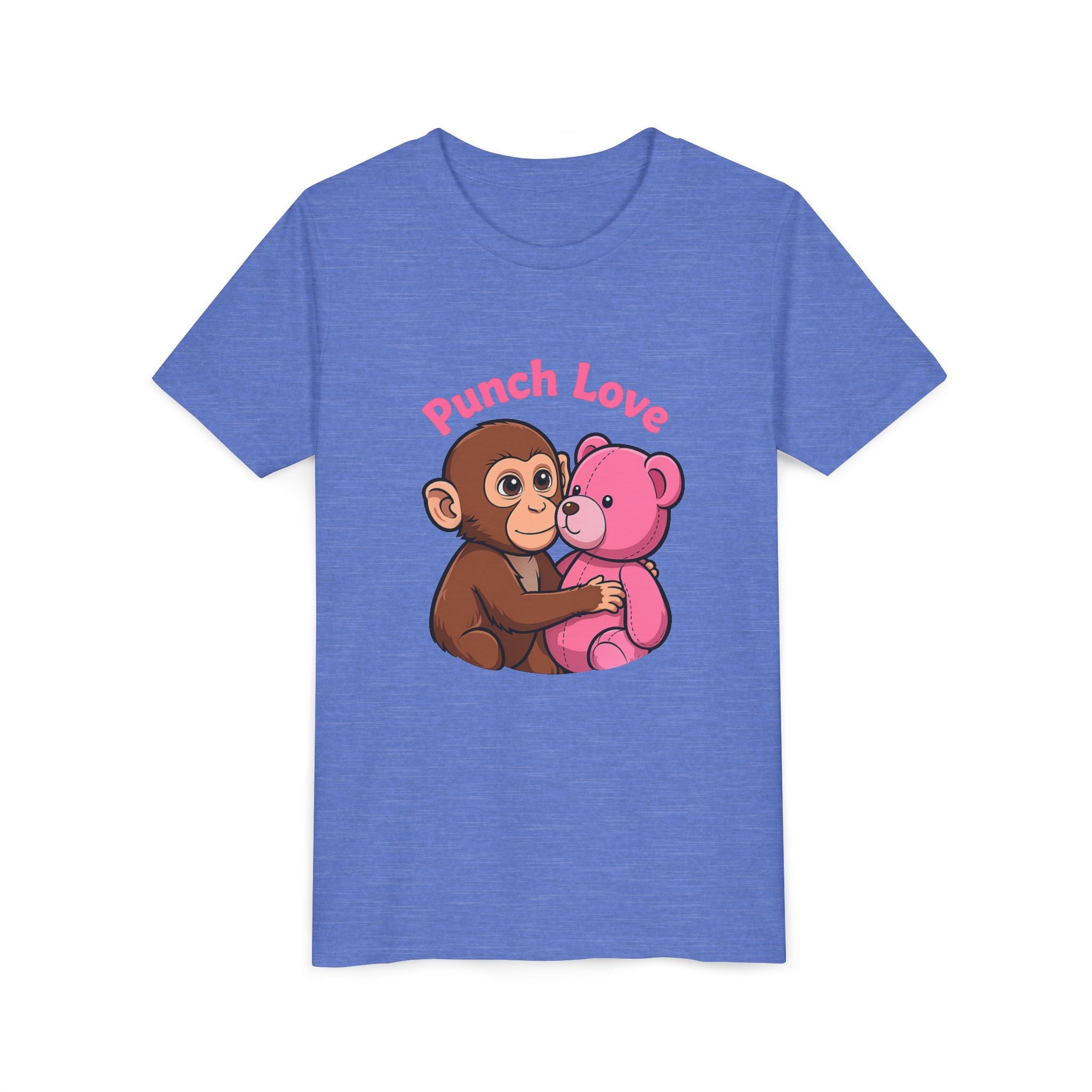Youth Tee — "Punch Love" Monkey Hugging Pink Teddy Cute Kids Valentine Shirt
