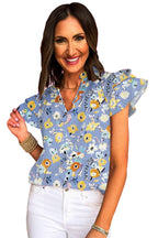 Sky Blue Flutter Sleeve Frill V Neck Floral Top