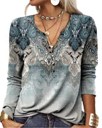 Women's Ethnic Print V-Neck Long Sleeve Loose T-Shirt