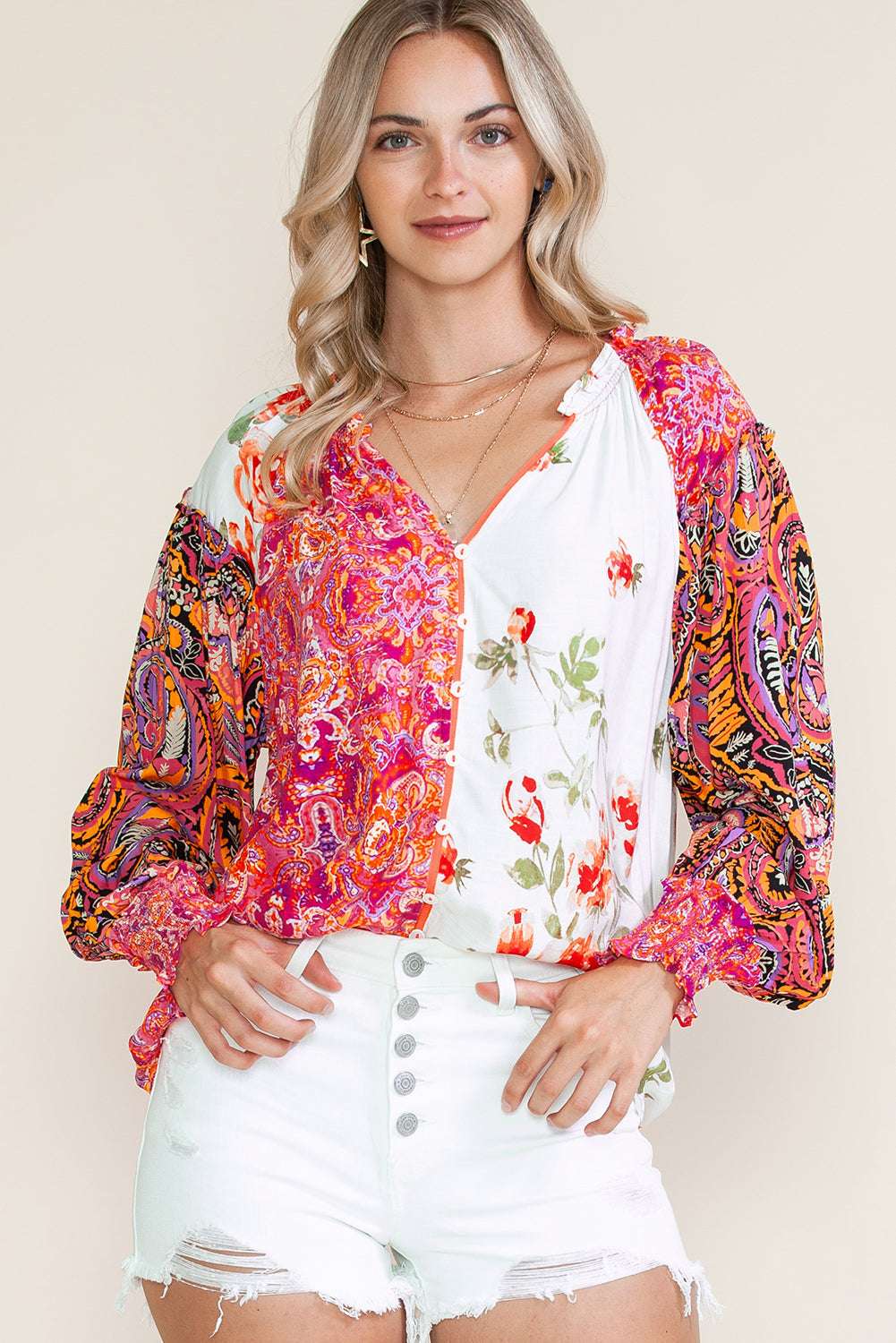 Multicolor Floral Patchwork Shirred Cuff Buttoned V Neck Blouse