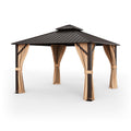 12 x 12 Feet Double-Roof Patio Hardtop Gazebo with Galvanized Steel Roof Netting and Curtains-Coffee
