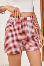 Fern Green Vintage Plaid Print High Waisted Loose Wide Leg Shorts