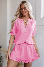 Sea Green Half Zip Puff Sleeve Top and Ruffled Shorts Set