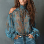 Women's Retro Cashew Print Off-Shoulder Blouse with Lantern Sleeves