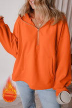 Orange Half Zipper Kangaroo Pockets Drop Shoulder Hoodie