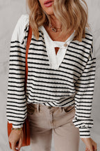 Black Stripe Textured Hooded V Neck Casual Long Sleeve Top