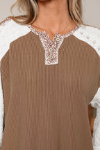 Dark Khaki Twisted Ribbed Leopard Lace Contrast Patchwork Long Sleeve Top