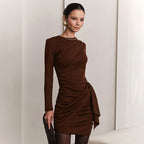 Side Pleated Ribbon Detail Figure-Hugging High Waist Semi-Formal Mini Dress