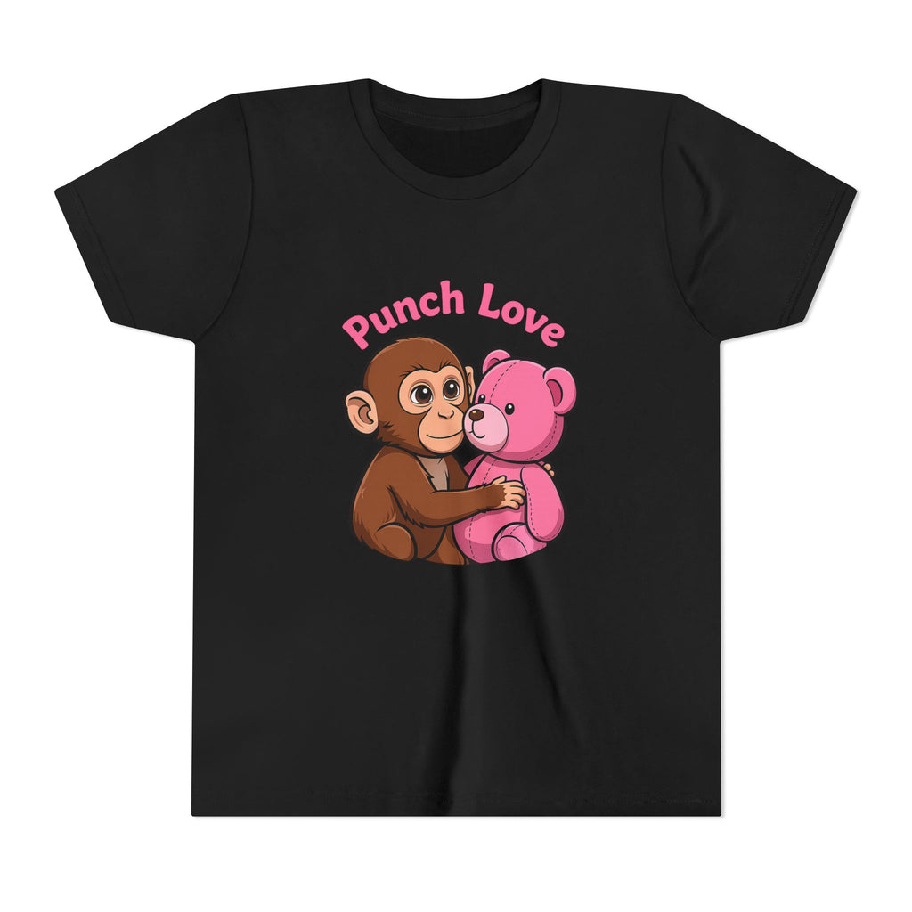 Youth Tee — "Punch Love" Monkey Hugging Pink Teddy Cute Kids Valentine Shirt