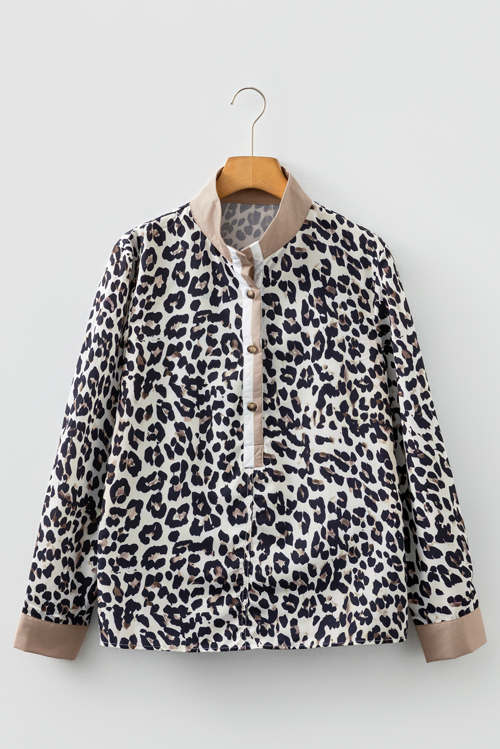Multicolour Leopard Print Contrast Patchwork Cuffs Button Collared Top