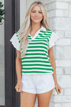 Pink Stripe Collar V Neck Ruffled Short Sleeve Blouse