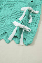 Mint Green Pointelle Knit Patterned Scalloped Trim Short Sleeve Sweater