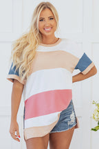 Multicolour Colorblock Patchwork Side Split Tunic T Shirt